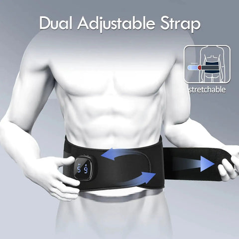 Cordless Heating Pad With Massager For Lower Back Pain Relief with adjustable strap, showing dual stretchable fit.
