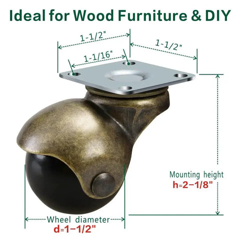 Antique Brass 1.5 Inch Caster Wheels Set Of 4 With Swivel Top Plate Vintage Ball Casters dimensions and swivel feature