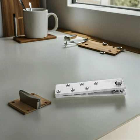 Heavy Duty Concealed Pivot Door Hinge System For Wood Cabinets And Secret Doors With 360 Degree Rotation Stainless Steel Hidden Hardware By Lifkome For Industrial Grade Installations shown on a desk.