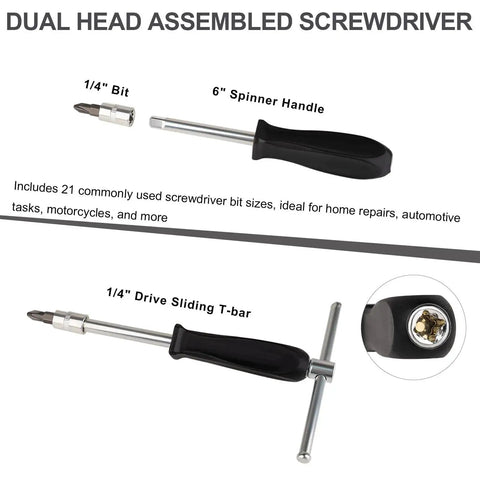 1/4 inch bit and spinner handle from 46Piece Small Drive Socket Ratchet Wrench Set With One Quarter Inch Drive, Metric Sockets, Extension Bar, And Screwdriver Bits shown