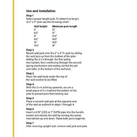 Portable Wall Jack installation guide showing step-by-step instructions for raising walls and beams using 2x4 poles and pipes.