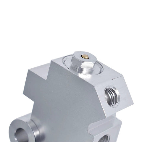 Proportioning valve, aluminum PV2 for disc brakes, top view, silver finish, universal Chevy/GM replacement