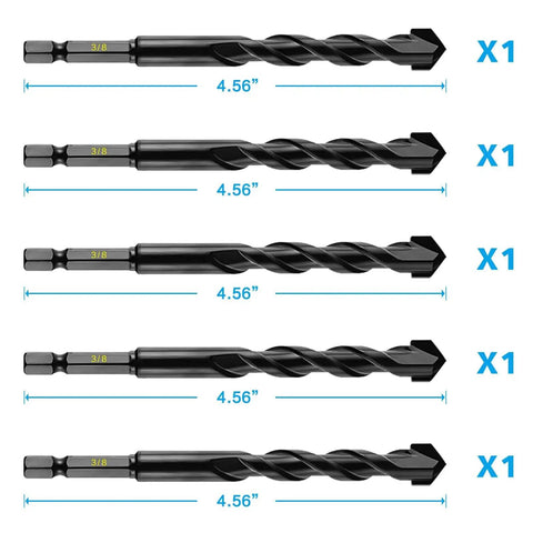 Five Piece Three Eighths Inch Masonry Drill Bit Set For Concrete Tiles Stone With Carbide Tips And Hex Shank 10mm Diameter
