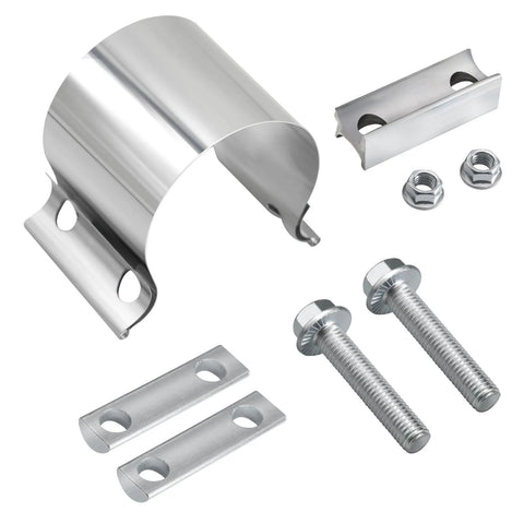 Front view of LWNWPPER 2.5-inch exhaust clamp kit in stainless steel with bolts, nuts, and mounting brackets (2 pcs)