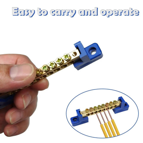Close-up of Six Piece Grounding Bus Bar Kit with brass terminal blocks, M4 screws, easy to carry and operate for electrical grounding.