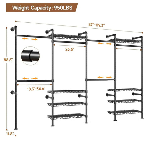Wall Mounted Garment Rack With Four Expandable Rods And Eight Adjustable Shelves, Industrial Pipe Clothing Racks In Black Metal, Easy Assembly