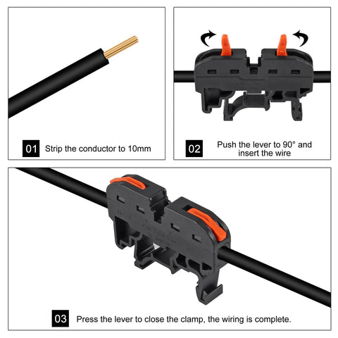 Image showing installation steps for Pro Grade Din Rail Terminal Block Kit 30 Piece Universal Compact Wire Connector Set With Marker Strips And Connection Bars Plus 30 Screws For 28 12 AWG Wire Easy Install Safe Flame Retardant Corrosion Resistant Electrical Splice Kit with wire stripping, lever use, and clamp closure.