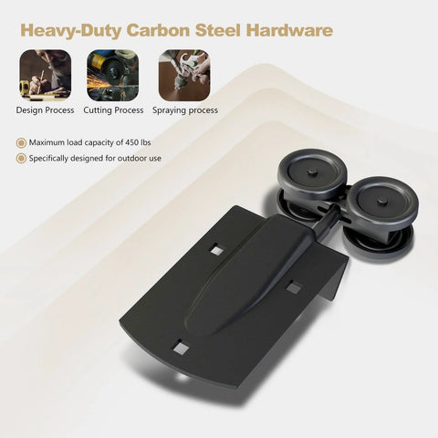 10 Ft Heavy Duty Box Rail Exterior Sliding Barn Door Hardware Kit, 450 Lb Capacity, Black Powder Coated Finish, Built For Outdoor Use, Fits Single Door Up To 60 Inches, Rugged And Ready Outdoor Barn Door System close-up of black steel hardware with wheels for outdoor use.