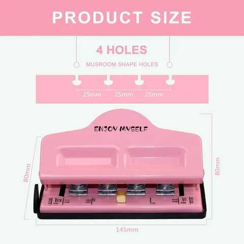 Mushroom Discbound Hole Punch For Four Holes Adjustable Paper Puncher in pink showing dimensions and design details.