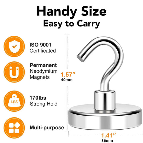 Magnetic hook with 170 lbs strong hold, 1.57-inch top, 1.41-inch base, multi-purpose use, ISO 9001 certified, easy to carry size.