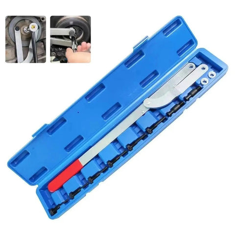 Camshaft locking tool set in blue case with metal bar and attachments for engine timing belt service (top view).