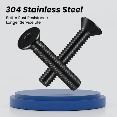 1/4-20 Stainless Socket Head Cap Screws, 1 Inch Long, Full Thread Countersunk Bolts, 304 Stainless Steel With Black Zinc Finish displayed