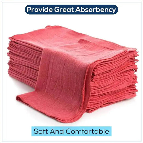 Premium Cotton Shop Towels 14x12 Inches 90-Count Reusable Cleaning Rags For Auto, Garage, Home And Industry Absorbent Grease Oil Spill Cleanup With Premium Recycled Fibers Red stacked showcasing texture and color