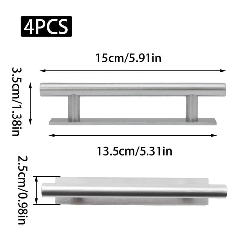 Four Pieces Silver Adhesive Cabinet Handles Self Stick Door Pulls shown with dimensions and ABS material