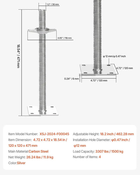 Four Pack Beefy Adjustable Leveling Jacks For Baker Style Scaffolding, 18.2 Inch Height Range, 3307 Lb Total Load Capacity