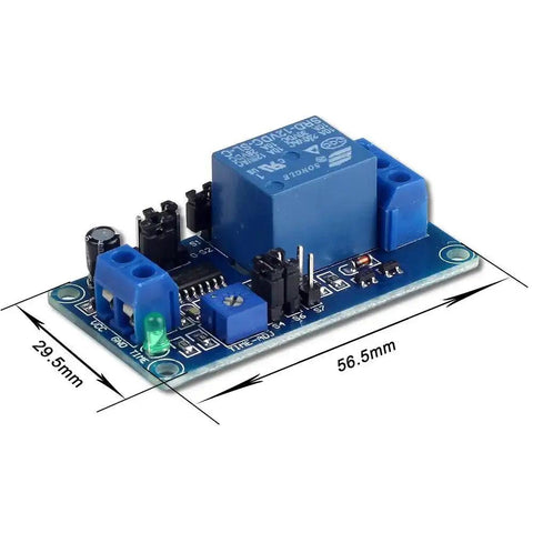 Front view of 12V Time Delay Relay Module For Smart Home Automation And Arduino Projects showing dimensions and control pins.
