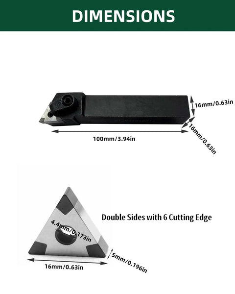 Dimensions of CBN Turning Inserts Set With MTJNR1616H16 Tool Holder showing side view and cutting edge details
