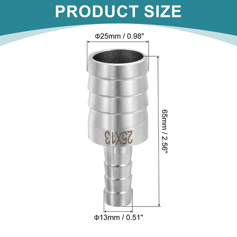 Hose barb reducer fitting, 1" to 1/2", 304 stainless steel, silver, sanitary vacuum adapter.