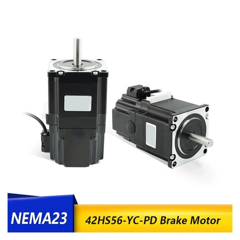 Two black NEMA23 brake stepper motors with silver front plates and exposed shafts.