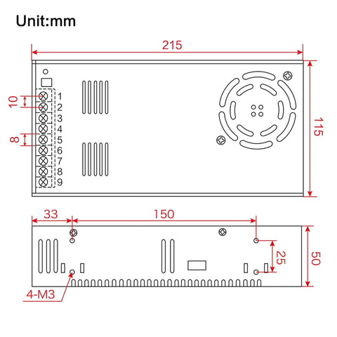 Technical schematic of 600W 24V DC Switching Power Supply Regulated All-In-One Converter For LED Strip Lights CCTV Cameras
