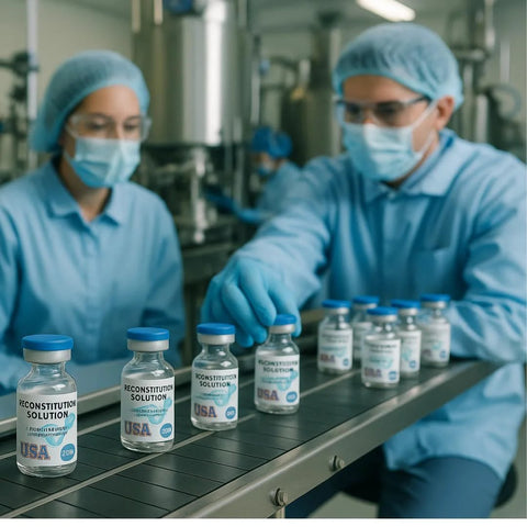 Reconstitution solution glass vials on a stainless production line; blue caps, PPE-clad technicians nearby.