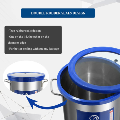 P PBAUTOS 9 gal tempered glass vacuum chamber with double rubber seals, blue lid, stainless steel body