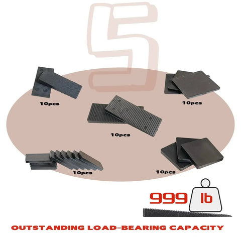 Leveling Small Wedge Set For Furniture, hard plastic fittings, 50 pieces shown with 999 lb load capacity, ideal for doors and floors.