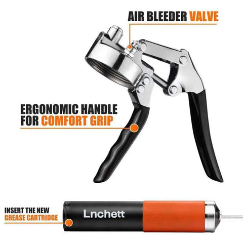 Heavy Duty 9000 PSI Grease Gun With Quick Release Coupler And 18 Inch Spring Flex Hose 14 Oz Capacity handle and valve