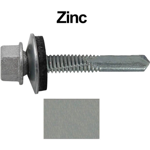 Heavy Duty Number Twelve Roofing Screws One And A Half Inch Self Drilling Type Five Drill Point With Hex Washer Head And EPDM Washer For Metal Roofs In A 250 Count Bag, shown in zinc finish