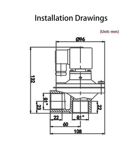 G1 inch diaphragm valve installation drawing; DC24V pulse solenoid, DN25 air control valve, 96mm Ø, 132mm height.