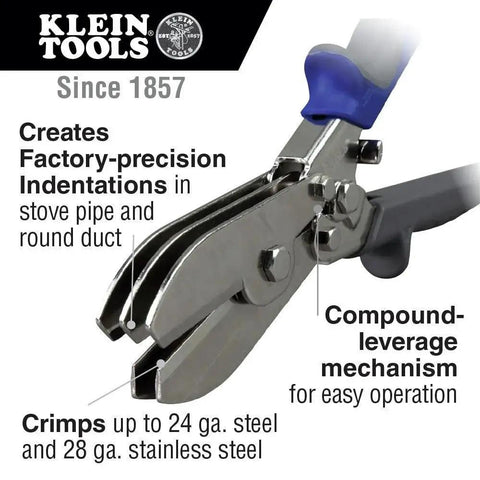 Close-up of Five Blade Ductwork Crimper with Compound-Leverage for precise indents in 24 gauge steel and 28 gauge stainless by Klein Tools