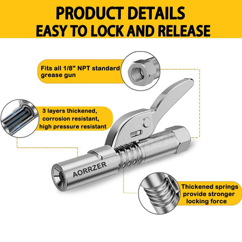 Front view of AORRZER grease gun coupler with lever, chrome-plated metal, quick-release 1/8 NPT