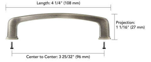 Charlemagne Collection Brushed Oil-Rubbed Bronze 3 3/4 Inch Center-To-Center Cabinet and Drawer Pull Handle dimensions and view