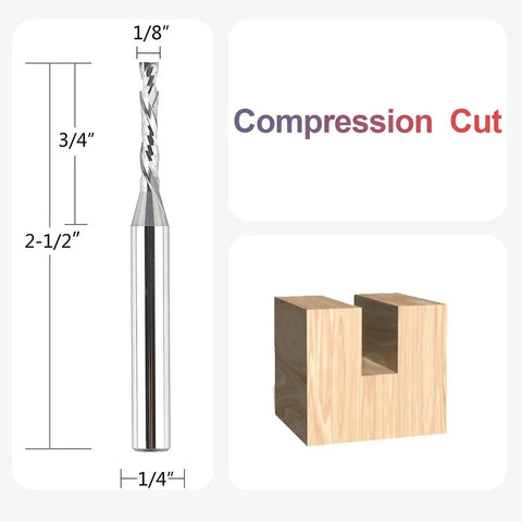Front view of Up And Down Compression Spiral Router Bit For Woodworking And Engraving, One Eighth Inch Cutting Diameter, One Quarter Inch Shank, with cutting dimensions and example cut in wood.