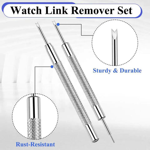 Heavy Duty Watch Band Pins Kit With 20 Spring Bars And Cleaning Cloth Pro Grade Replacement Pins And Link Removal Tool Includes Single And Double Ended Pin Punches For 16mm To 24mm Straps, showing metal link remover tools with textured grips