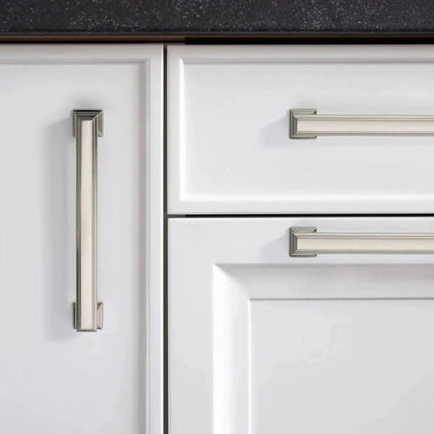 Brushed satin nickel cabinet pulls installed on white cabinets showing 10 Pack Brushed Satin Nickel Cabinet Pulls 5 Inch Hole Center Cabinet Handles For Cabinets And Drawers Kitchen Furniture Hardware Solid Construction With Rust Resistant Finish AL3071SN