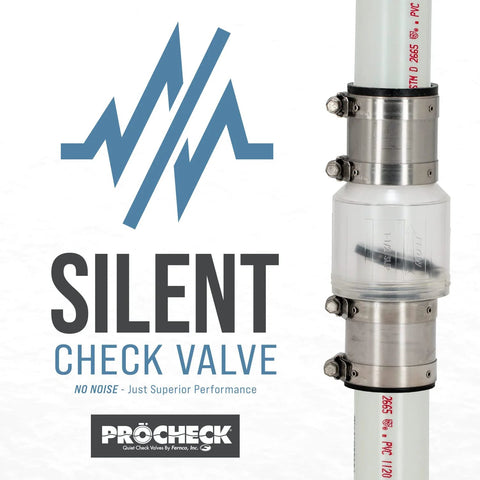 ProCheck Quiet Silent Sump Pump Check Valve with stainless steel vibration-resistant couplings on PVC pipe, 1-1/2 in