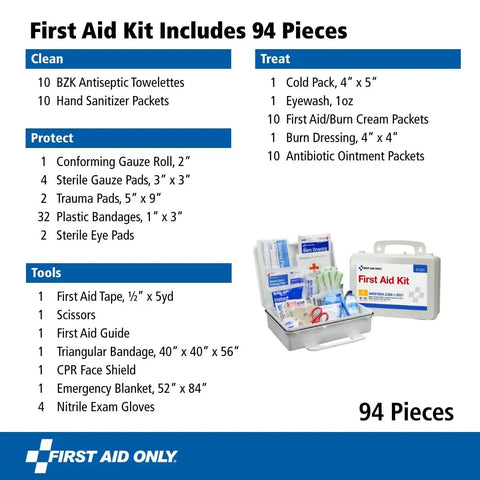 ANSI 2021 A OSHA Compliant 94 Piece 25 Person First Aid Kit with supplies list and open kit view