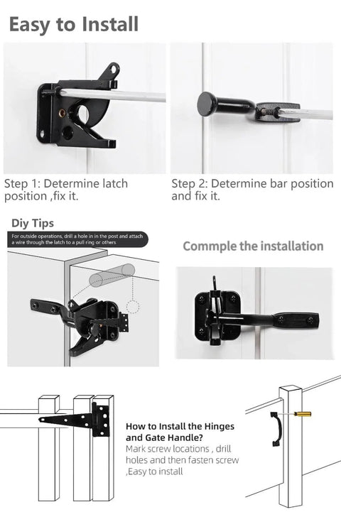 Wood Gate Hardware Set Heavy Duty 6 Inch Tee Hinge And Pull Kit installation guide with black finish and screws.