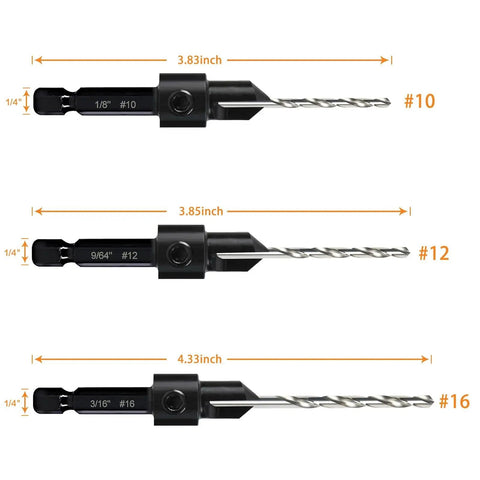 Image of a 3 Pack Countersink Drill Bit Set For Woodworking With 3 In 1 Functionality Must Have Countersink Counterbore And Drill In One Pass Depth Adjustable M2 Pilot Bits 82 Degree Chamfer One Quarter Inch Hex Shank Includes Allen Wrench Sizes 10 12 16 showing three different sizes.