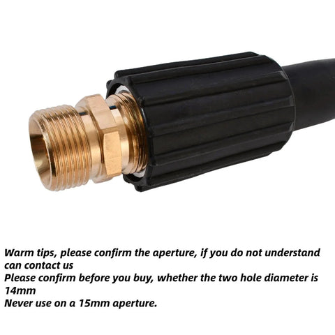 Close-up view of Beefy Solid Brass M22 14mm Pressure Washer Coupler from 14mm male thread to 14mm male fitting hose extension.