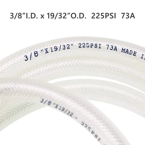 Close-up of Heavy Duty Braided Clear PVC Tubing Three Eighth Inch ID 50 Feet High Pressure Reinforced Hose with specifications.