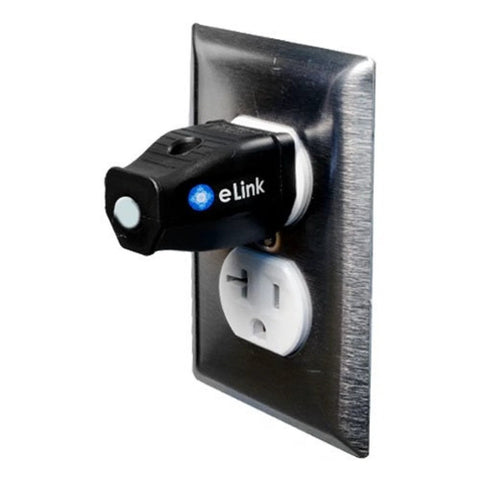 eLink EMF Neutralizer plug-in device in wall outlet; black housing with blue eLink logo.