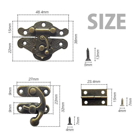 Retro Jewelry Box Hinges And Latches Set With Butterfly Latch Hooks And Antique Hasp Bronze Tone Old School Finish Mini Brass Hinges Screws Included Ideal For Wooden Boxes Cabinets And Vintage Furniture Hardware 36 Pieces, showing detailed dimensions of hardware pieces.