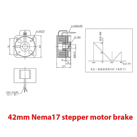 42mm NEMA 17 stepper motor with brake; technical drawings showing front, side, and cross-section views