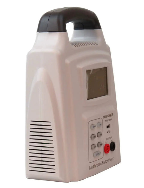 Side view of 2 In 1 Adjustable DC Power Supply And Battery Charger 0 To 30V 0 To 10A With 5V USB Output, large LCD display visible.