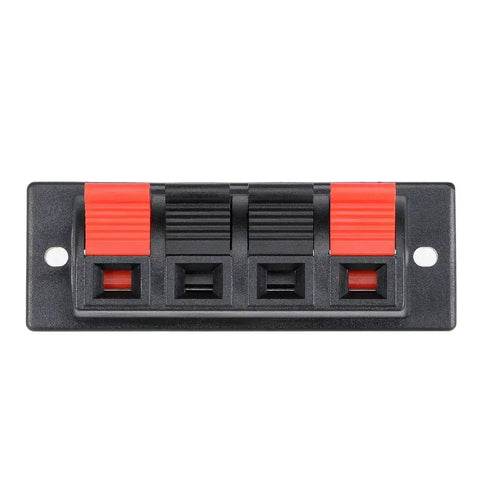 Front view of 4 Way Spring Push Release Speaker Terminal Block Socket With 4 Pins And 4 Positions, Red Black Polarity, Spring Loaded Connector.