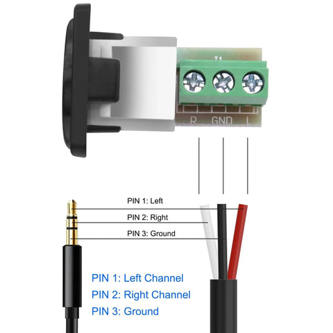 Side view of D Type Three Point Five Millimeter Three Pole Stereo Audio Terminal Block Connector Solderless Screw Terminal Panel Mount Adapter For One Eighth Inch TRS Female To Three Pin Balum Converter Pack Of Two showing pin connections and labeled wire configuration.