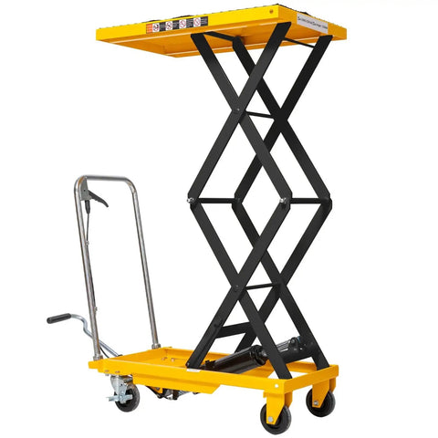 Hydraulic lift table cart with yellow platform and black scissor lift, four wheels.