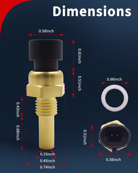 VEHICODE Engine Coolant Temperature Sensor with brass body and black cap; side view shows threaded stem and connector.